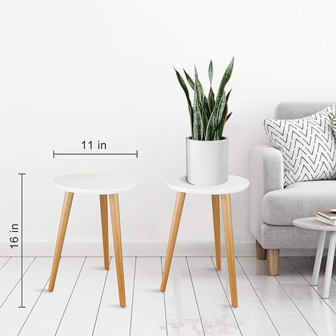 Wood Mid Century Plant Stand for Indoor Plants, Modern Table, Tall Holder for Flower Pots, Small Round Side/End Table(A2 White, High: 16.5")