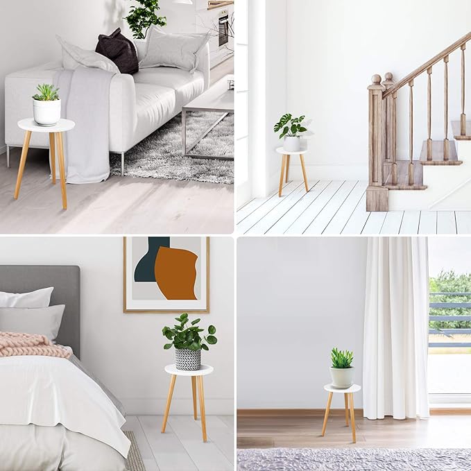 Wood Mid Century Plant Stand for Indoor Plants, Modern Table, Tall Holder for Flower Pots, Small Round Side/End Table(A2 White, High: 16.5")